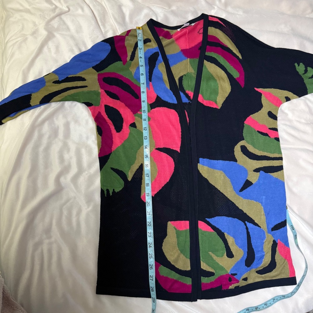 Chicos Abstract Floral Print Duster Cardigan Navy Blue Pink Green Size Small - Picture 10 of 10
